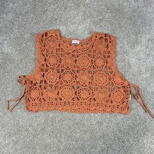 Pink Lily Womens XL Crochet Crop Top Boho Orange X-Large Coachella Hippie 70s